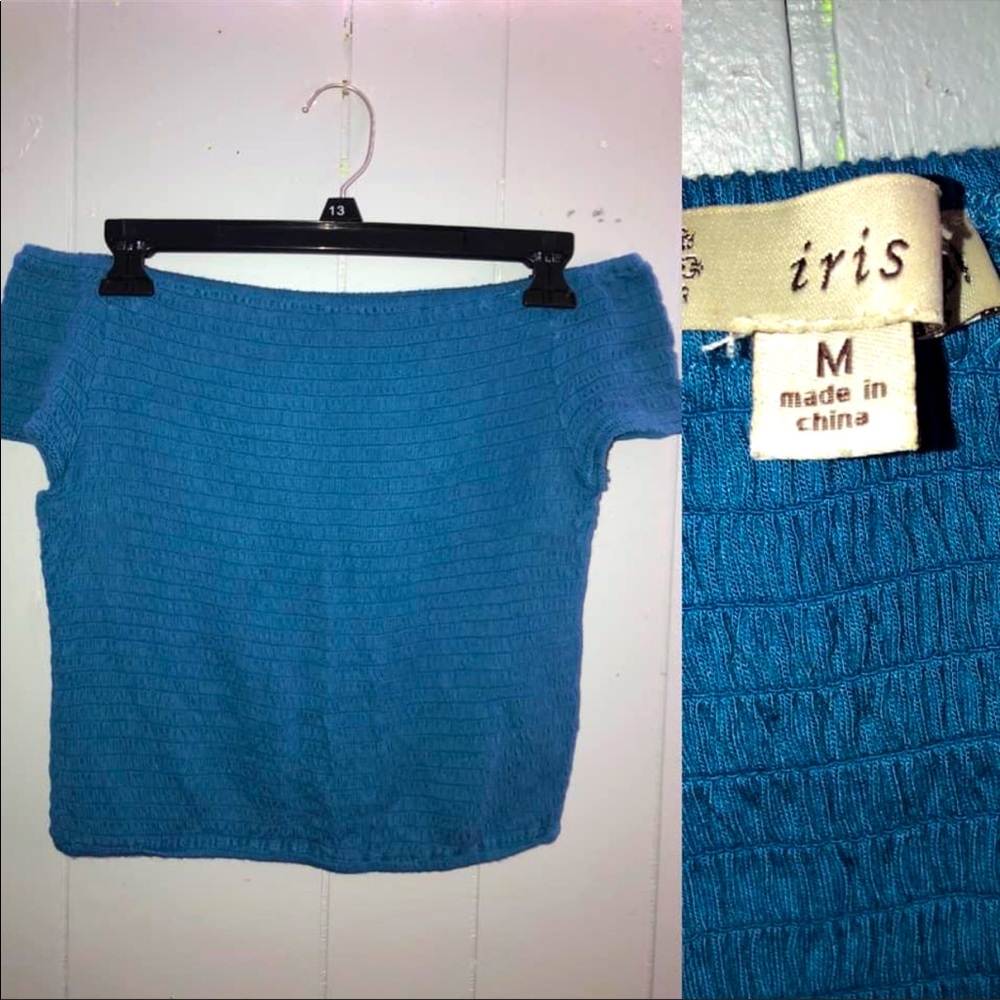 Iris blue rushed off shoulder crop top size M